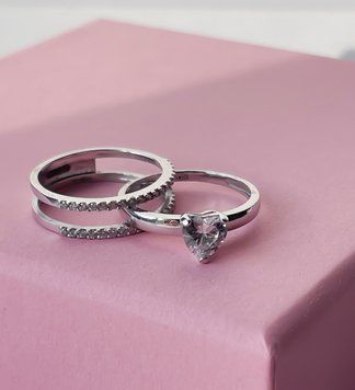 Серебряный сет колец 2 в 1 с фианитами и сердечком / Серебряное кольцо двойное женское "Лейла" SD0371 фото