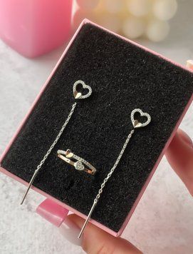 Серебряный комплект украшений женский с золотыми напайками и фианитами "Романтическая Искра" / Набор серьги и кольцо из серебра SD0368 фото